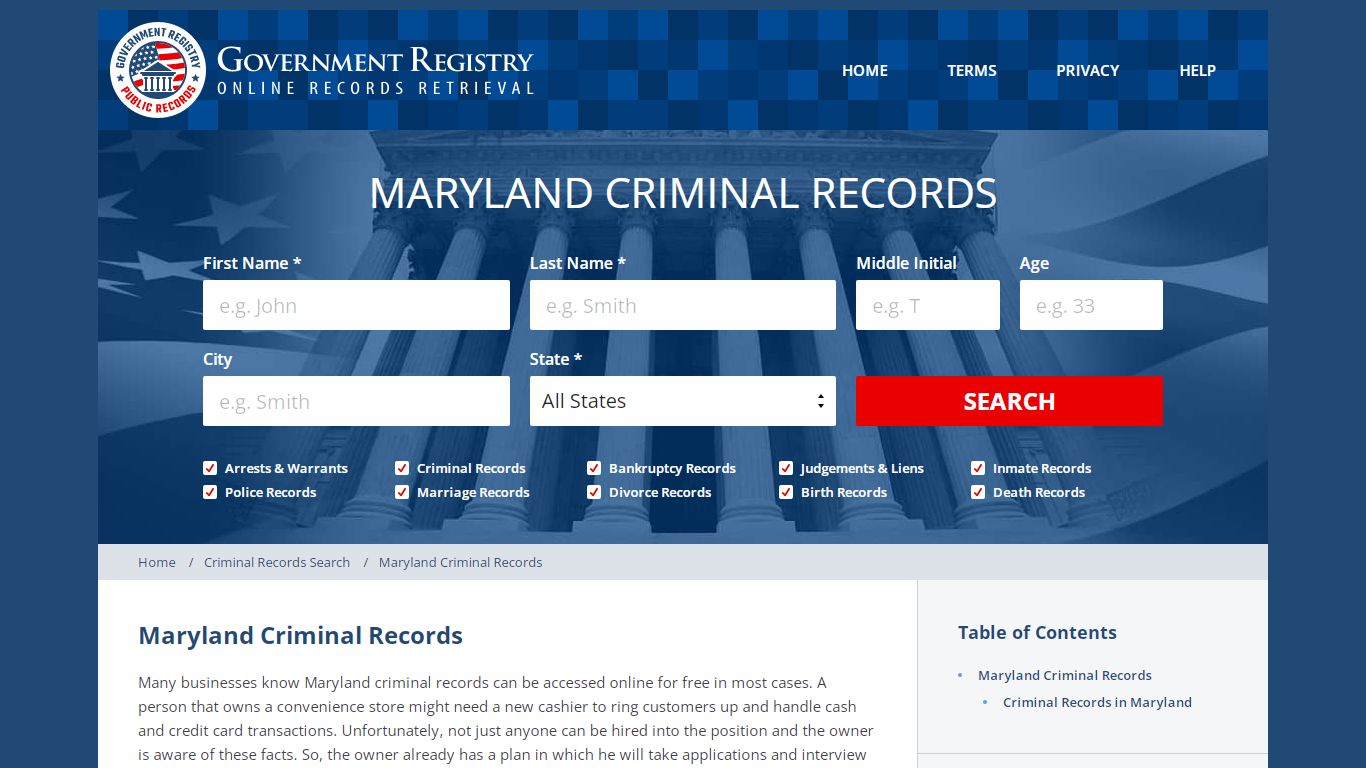 Maryland Criminal Records - GovernmentRegistry.Org